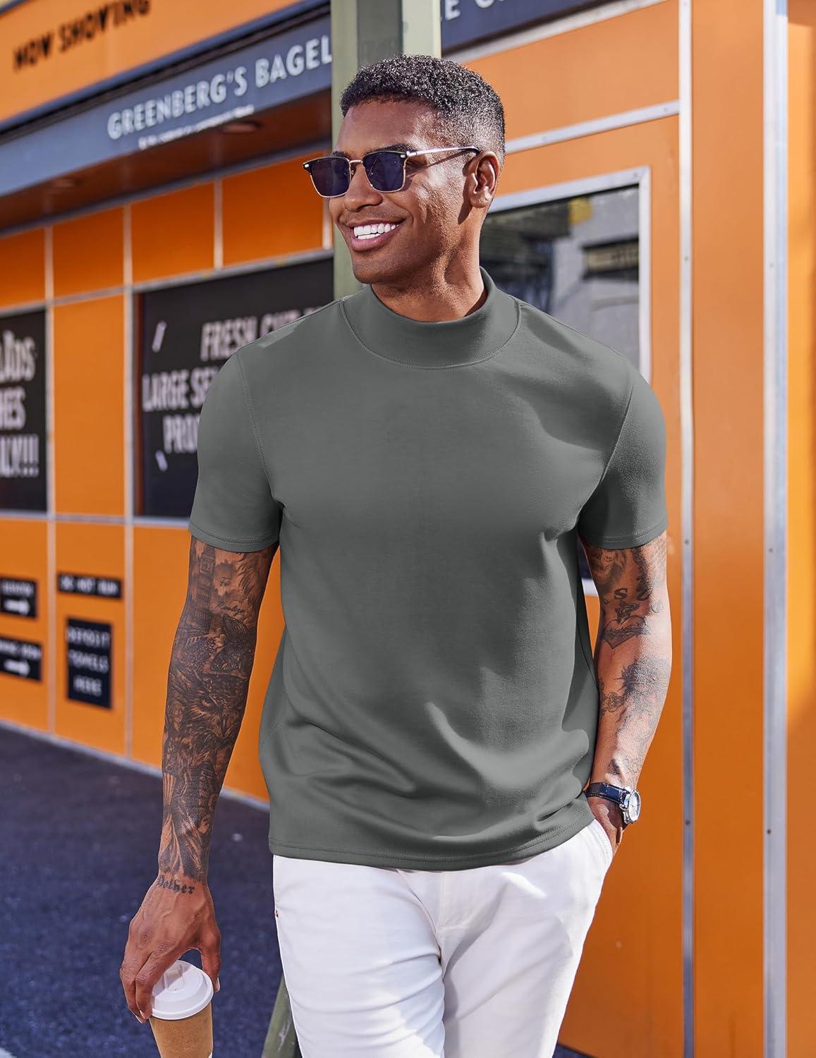 imageCOOFANDY Mock Turtleneck for Men Short Sleeve Casual Stylish Basic Top Stretch Sweater SkinFriendly MaterialDark Gray