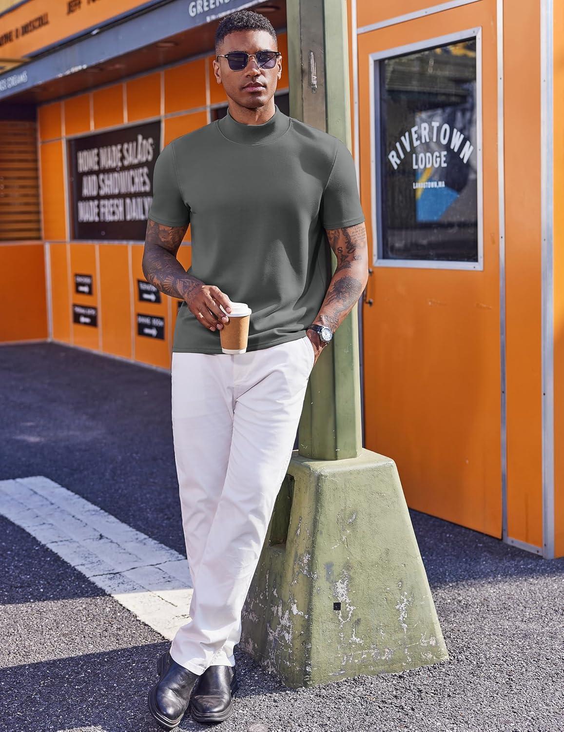 imageCOOFANDY Mock Turtleneck for Men Short Sleeve Casual Stylish Basic Top Stretch Sweater SkinFriendly MaterialDark Gray