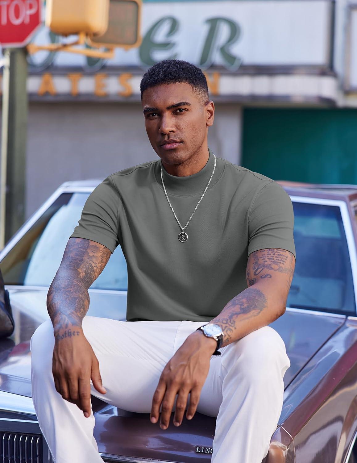 imageCOOFANDY Mock Turtleneck for Men Short Sleeve Casual Stylish Basic Top Stretch Sweater SkinFriendly MaterialDark Gray