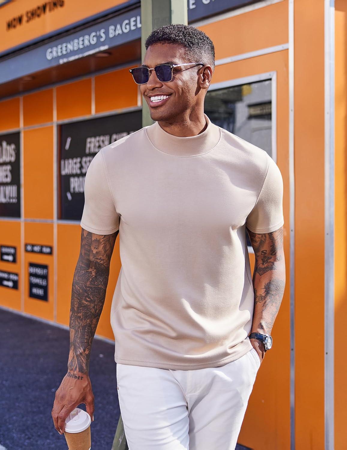 imageCOOFANDY Mock Turtleneck for Men Short Sleeve Casual Stylish Basic Top Stretch Sweater SkinFriendly MaterialKhaki