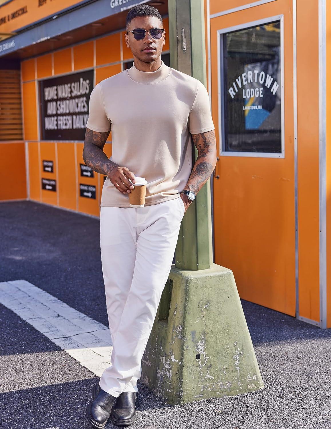 imageCOOFANDY Mock Turtleneck for Men Short Sleeve Casual Stylish Basic Top Stretch Sweater SkinFriendly MaterialKhaki
