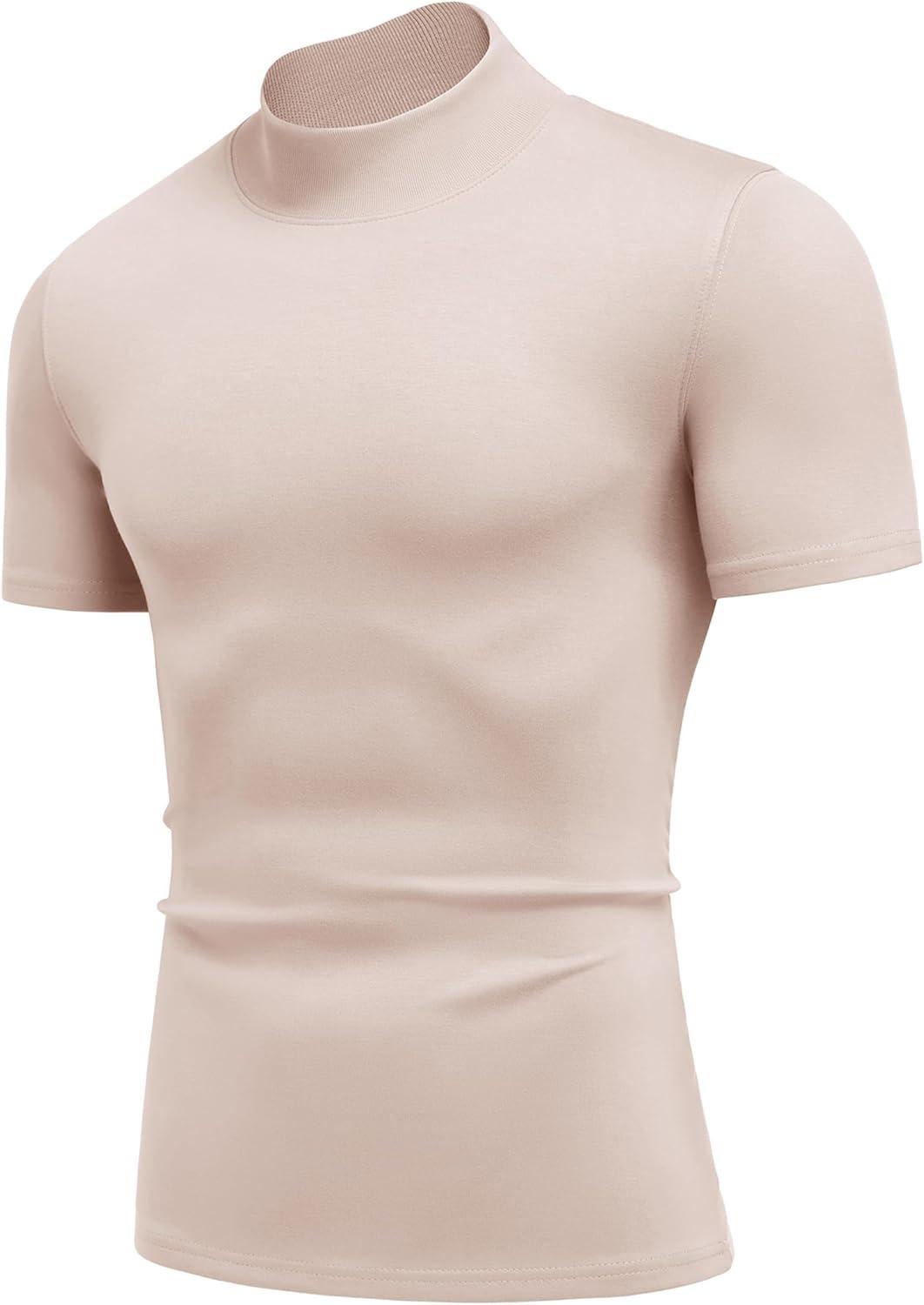 imageCOOFANDY Mock Turtleneck for Men Short Sleeve Casual Stylish Basic Top Stretch Sweater SkinFriendly MaterialKhaki