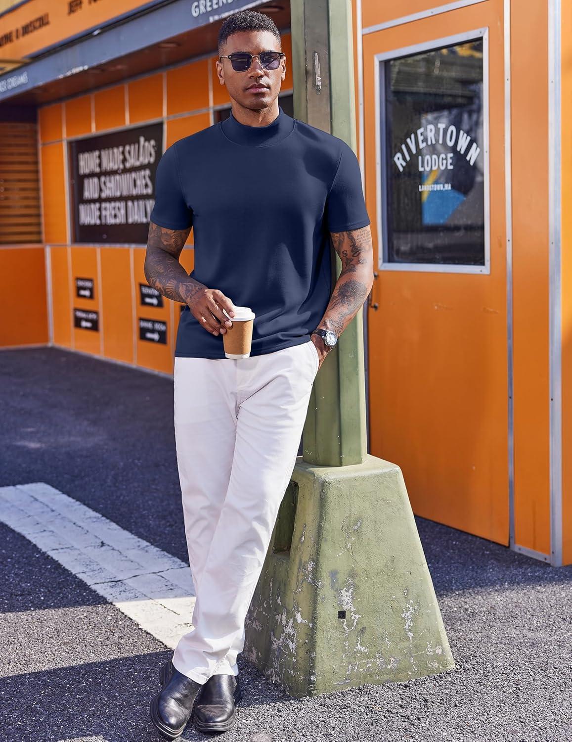 imageCOOFANDY Mock Turtleneck for Men Short Sleeve Casual Stylish Basic Top Stretch Sweater SkinFriendly MaterialNavy Blue