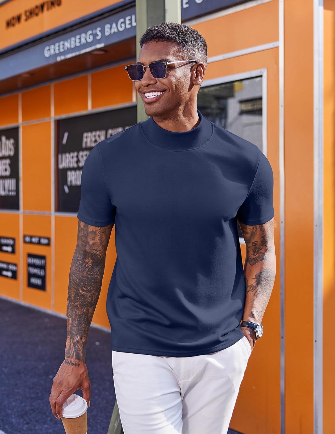 imageCOOFANDY Mock Turtleneck for Men Short Sleeve Casual Stylish Basic Top Stretch Sweater SkinFriendly MaterialNavy Blue