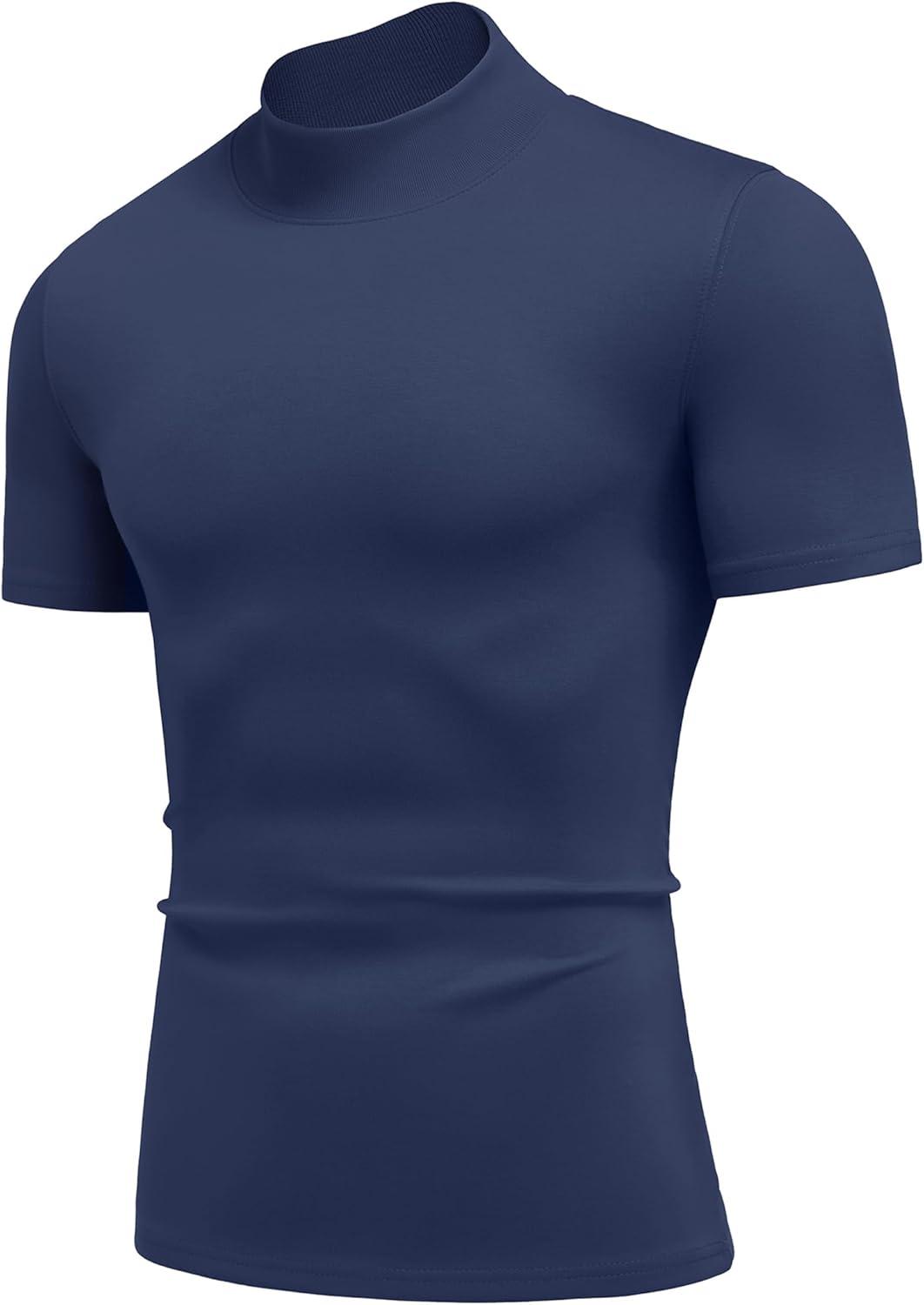imageCOOFANDY Mock Turtleneck for Men Short Sleeve Casual Stylish Basic Top Stretch Sweater SkinFriendly MaterialNavy Blue