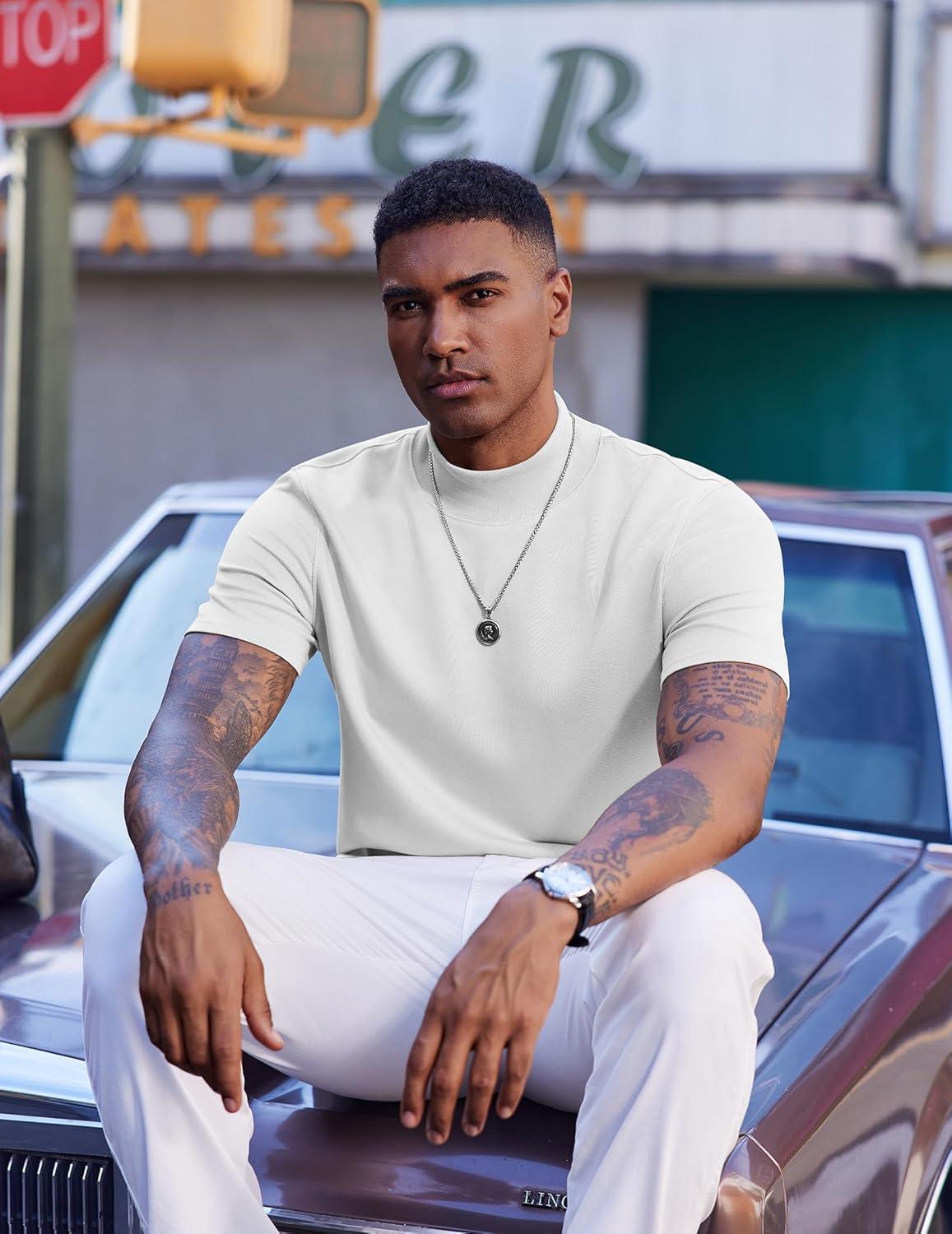 imageCOOFANDY Mock Turtleneck for Men Short Sleeve Casual Stylish Basic Top Stretch Sweater SkinFriendly MaterialWhite