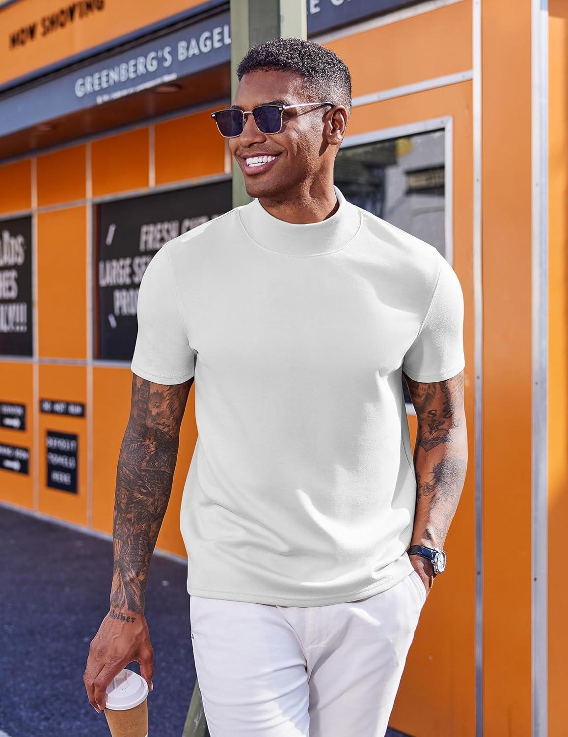imageCOOFANDY Mock Turtleneck for Men Short Sleeve Casual Stylish Basic Top Stretch Sweater SkinFriendly MaterialWhite
