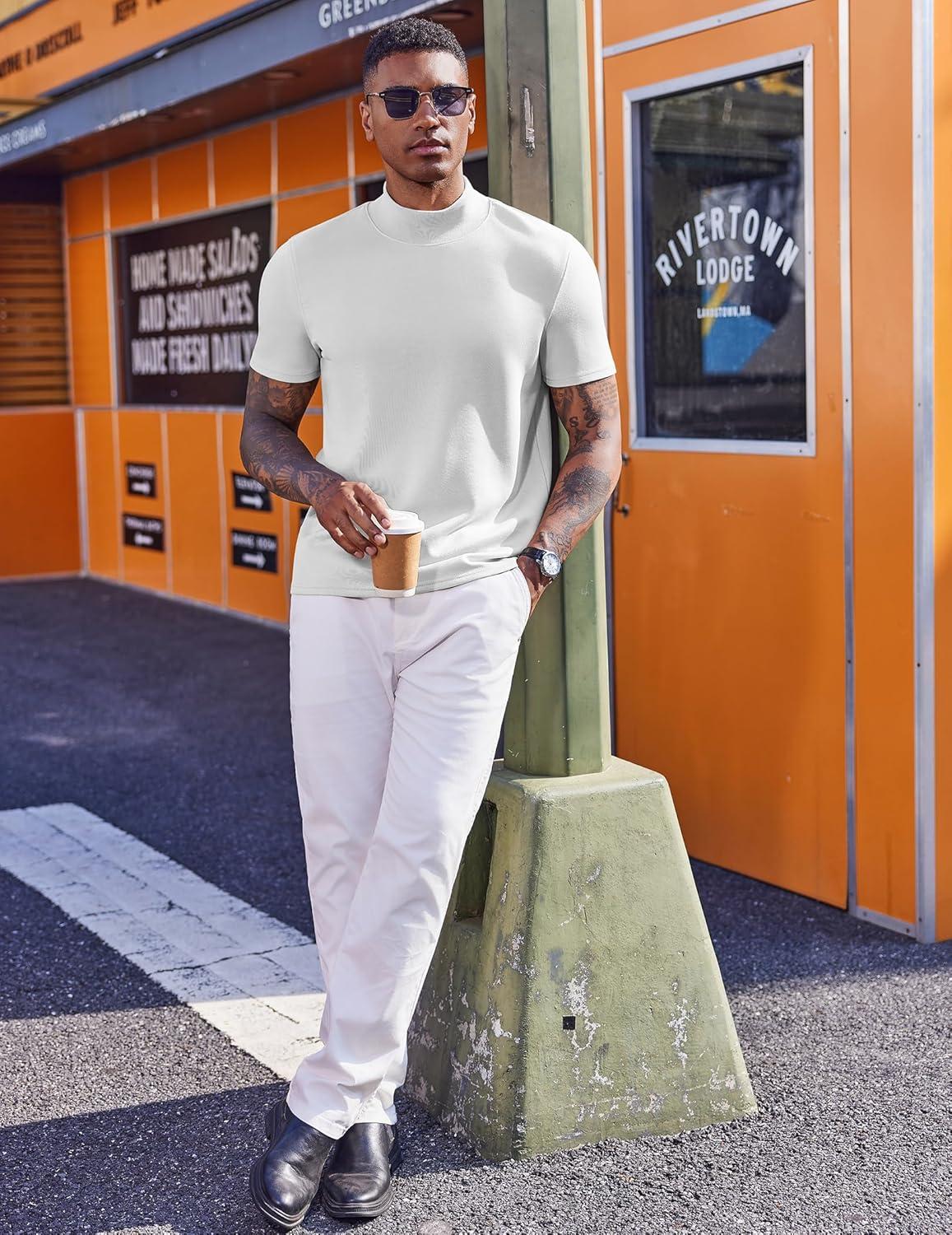 imageCOOFANDY Mock Turtleneck for Men Short Sleeve Casual Stylish Basic Top Stretch Sweater SkinFriendly MaterialWhite