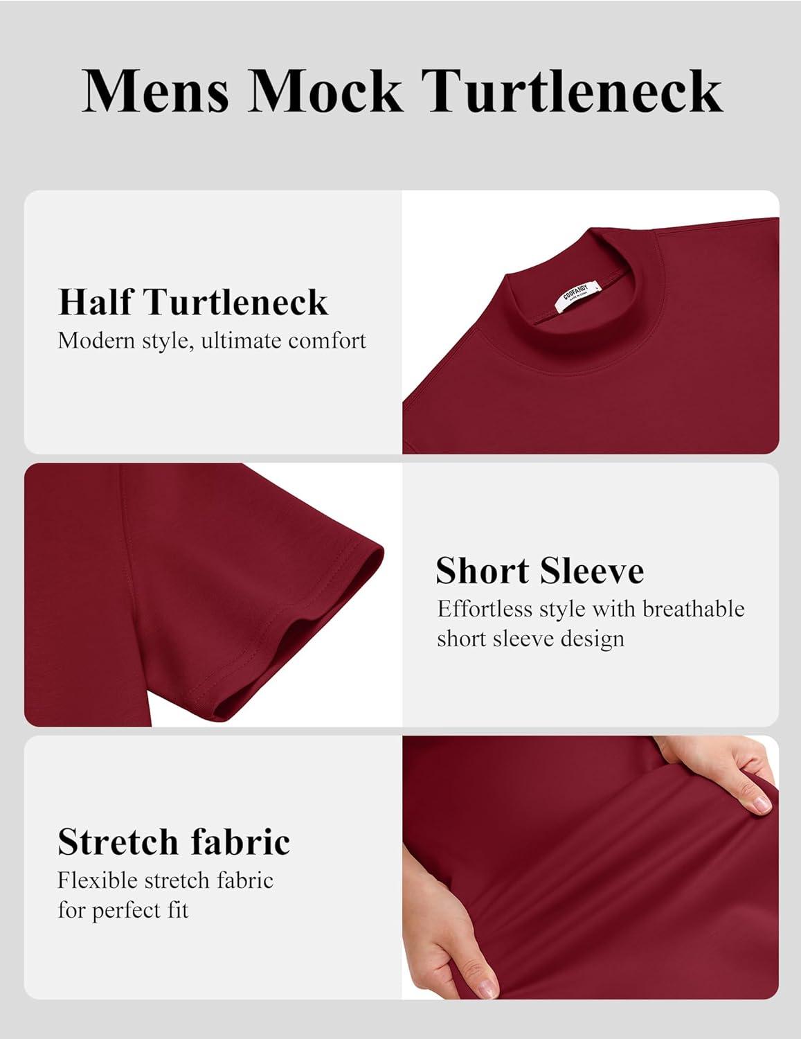 imageCOOFANDY Mock Turtleneck for Men Short Sleeve Casual Stylish Basic Top Stretch Sweater SkinFriendly MaterialWine Red