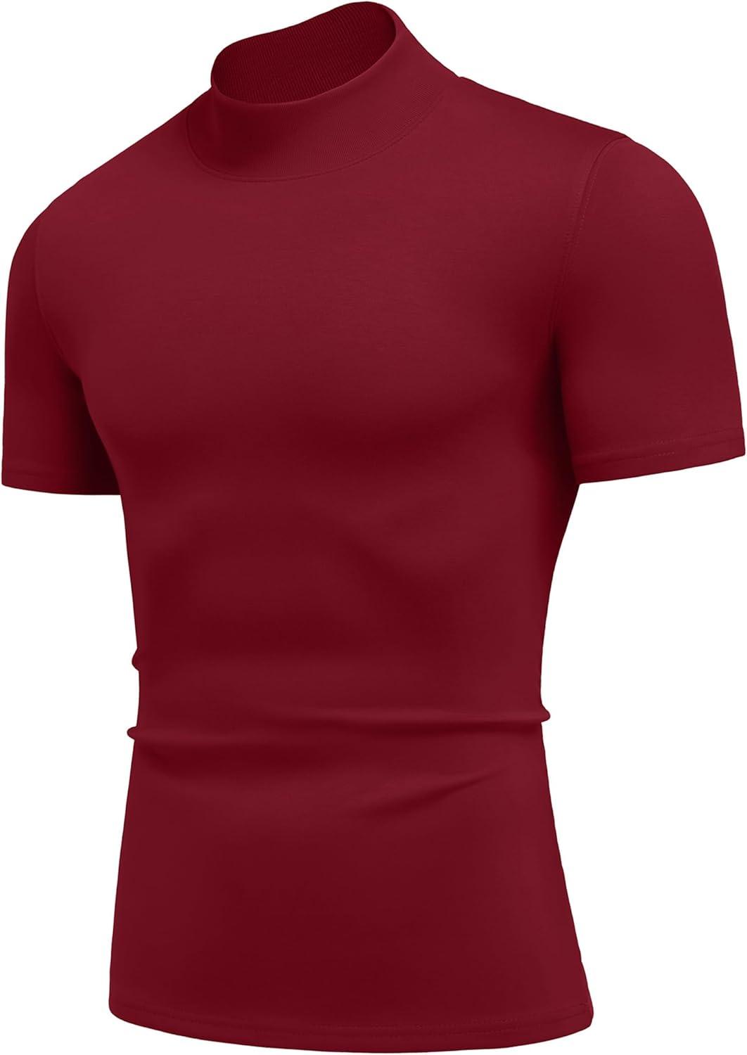 imageCOOFANDY Mock Turtleneck for Men Short Sleeve Casual Stylish Basic Top Stretch Sweater SkinFriendly MaterialWine Red