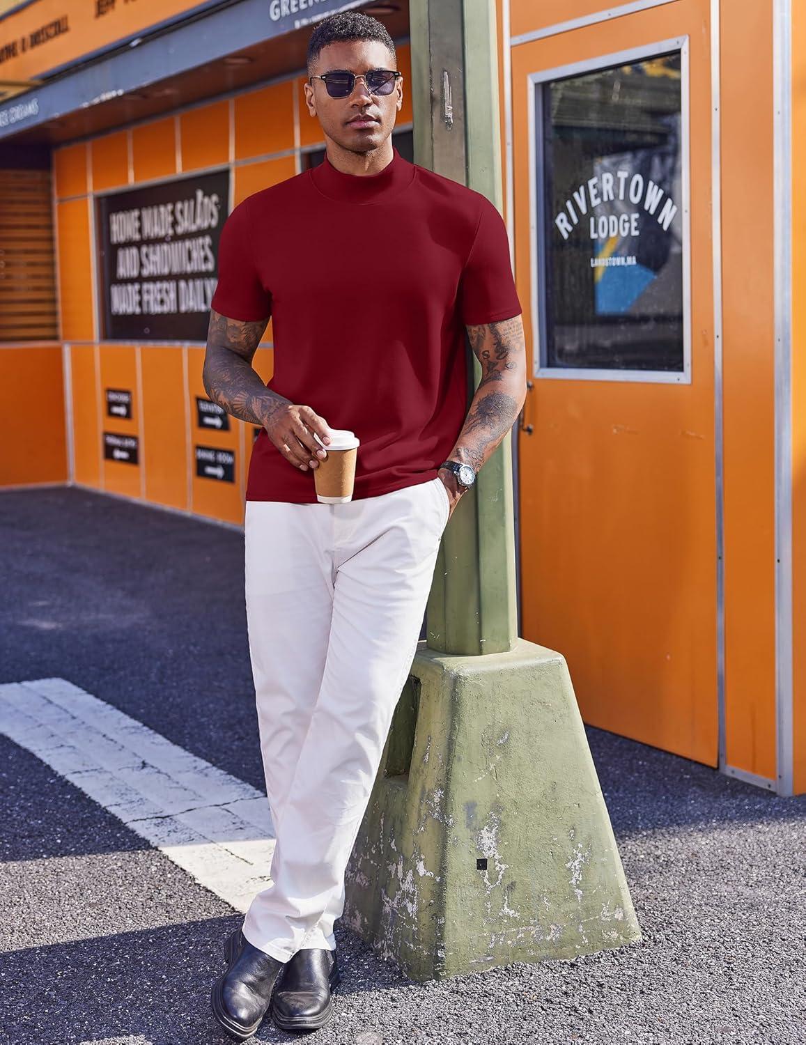 imageCOOFANDY Mock Turtleneck for Men Short Sleeve Casual Stylish Basic Top Stretch Sweater SkinFriendly MaterialWine Red