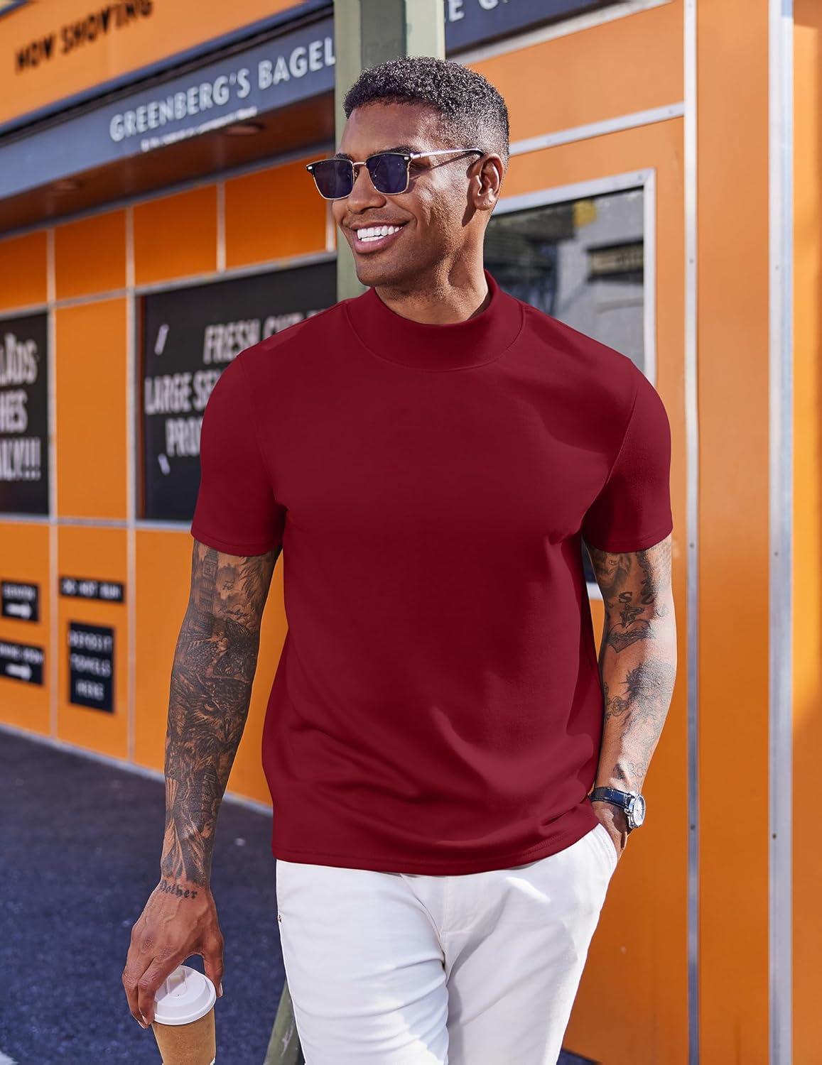 imageCOOFANDY Mock Turtleneck for Men Short Sleeve Casual Stylish Basic Top Stretch Sweater SkinFriendly MaterialWine Red
