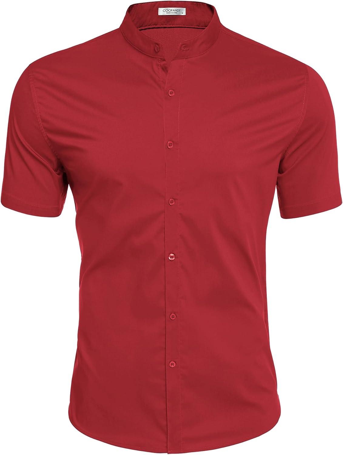 imageCOOFANDY Muscle Fit Dress Shirts for Men Banded Collar Casual Button Down ShirtsBright Red