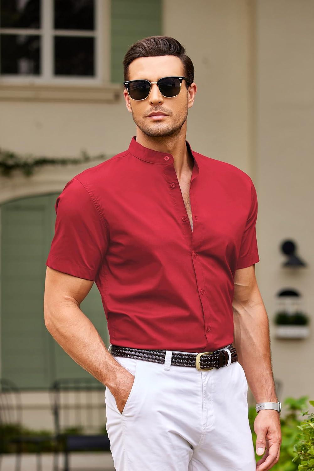imageCOOFANDY Muscle Fit Dress Shirts for Men Banded Collar Casual Button Down ShirtsBright Red