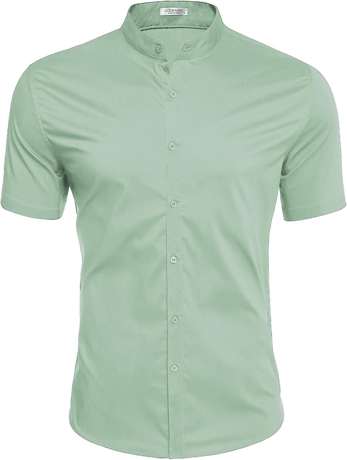 imageCOOFANDY Muscle Fit Dress Shirts for Men Banded Collar Casual Button Down ShirtsLight Green