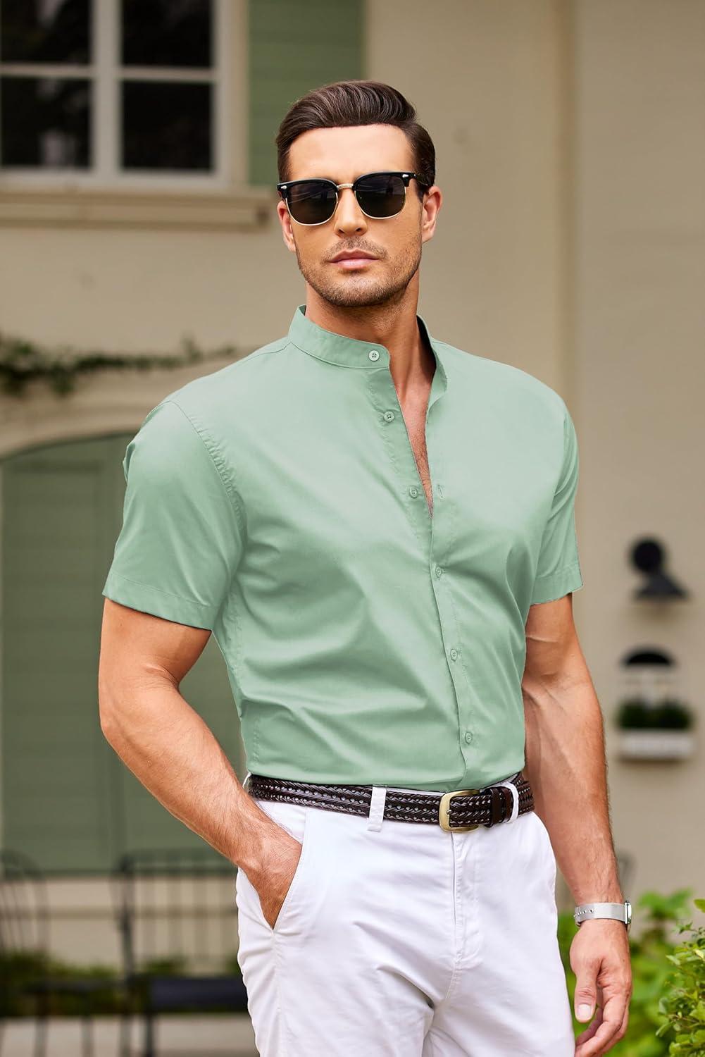imageCOOFANDY Muscle Fit Dress Shirts for Men Banded Collar Casual Button Down ShirtsLight Green