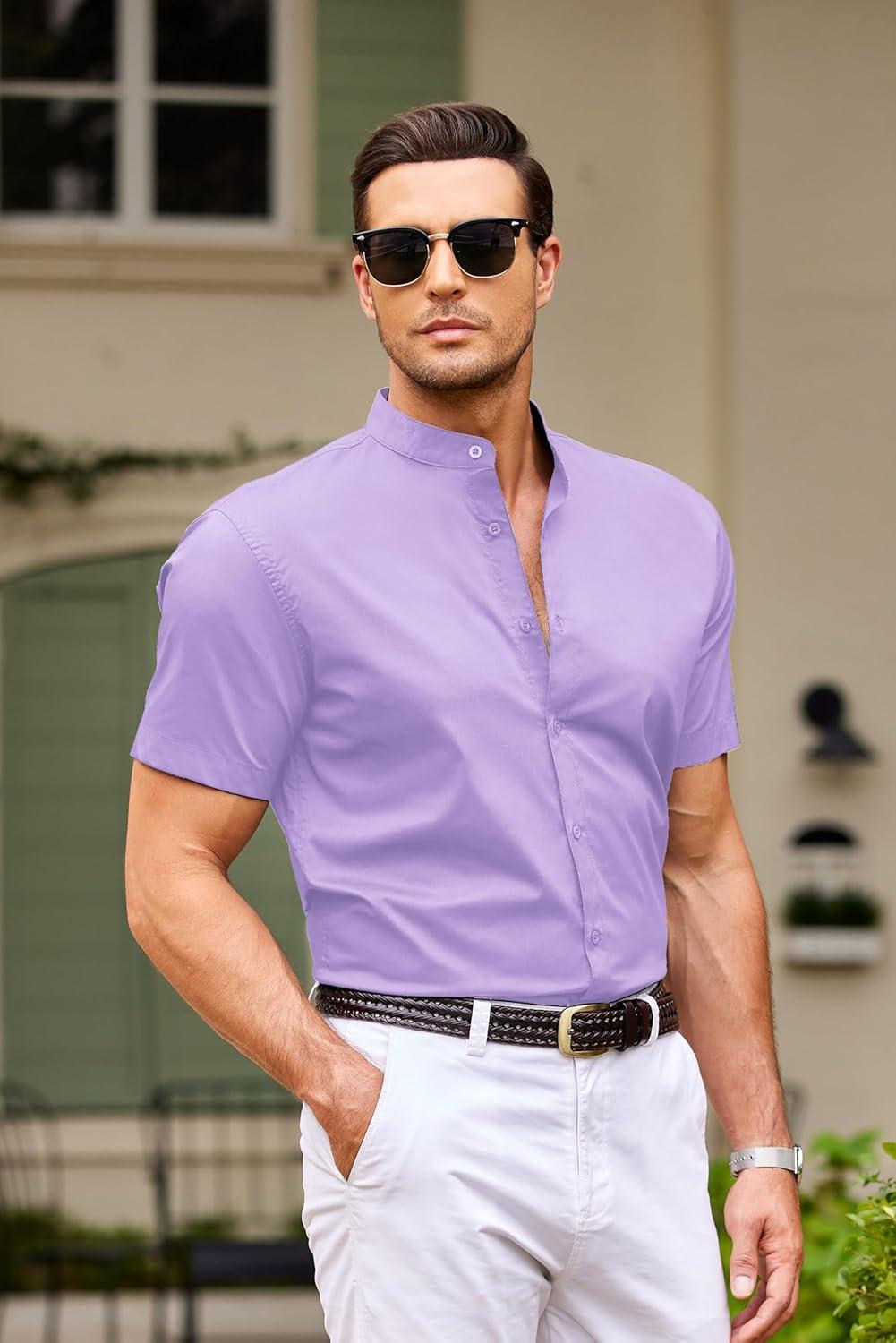 imageCOOFANDY Muscle Fit Dress Shirts for Men Banded Collar Casual Button Down ShirtsLilac