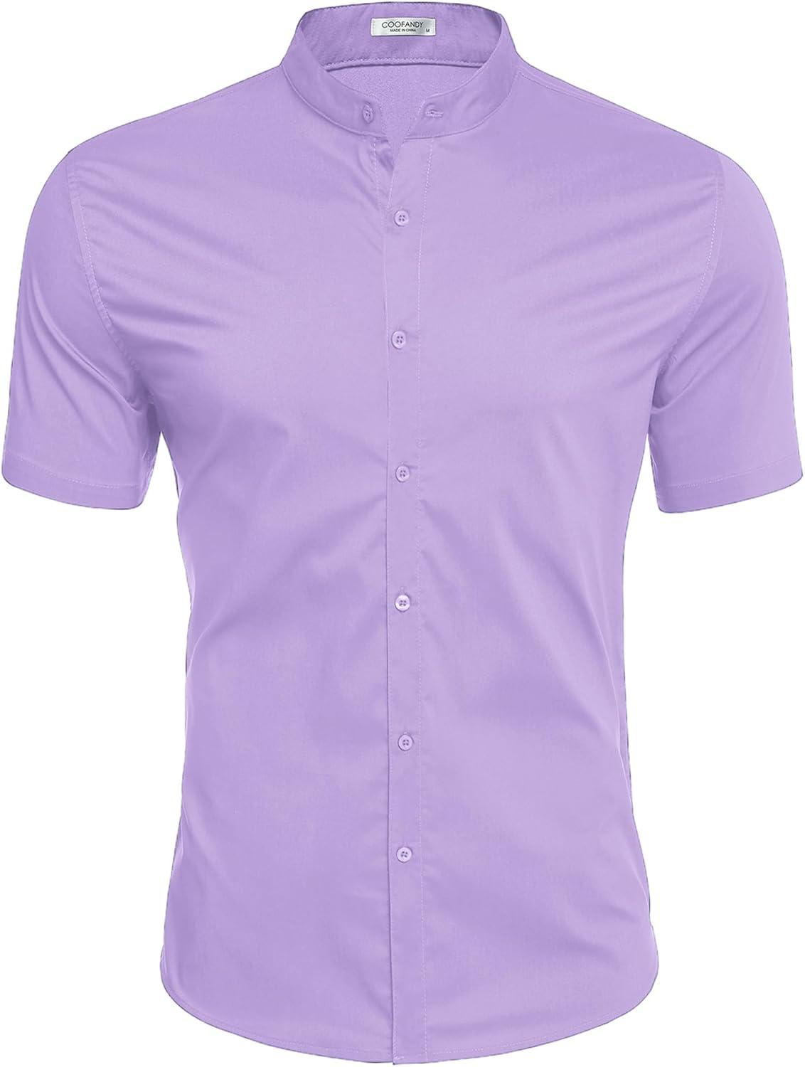 imageCOOFANDY Muscle Fit Dress Shirts for Men Banded Collar Casual Button Down ShirtsLilac