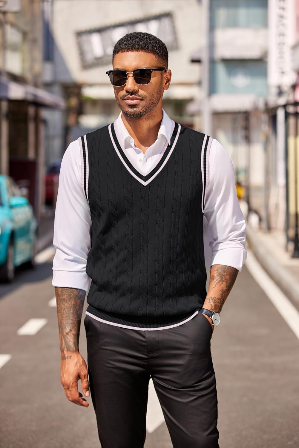 imageCOOFANDY Sweater Vest for Men Regular Fit V Neck Sleeveless Knitted Pullovers SweaterBlack