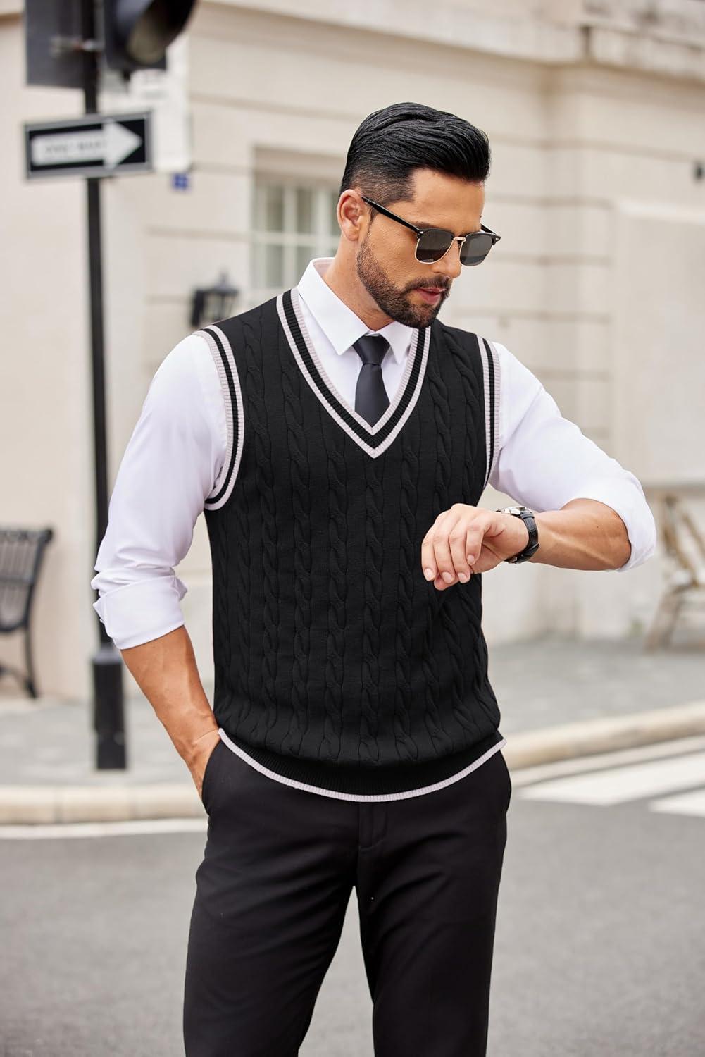 imageCOOFANDY Sweater Vest for Men Regular Fit V Neck Sleeveless Knitted Pullovers SweaterBlack