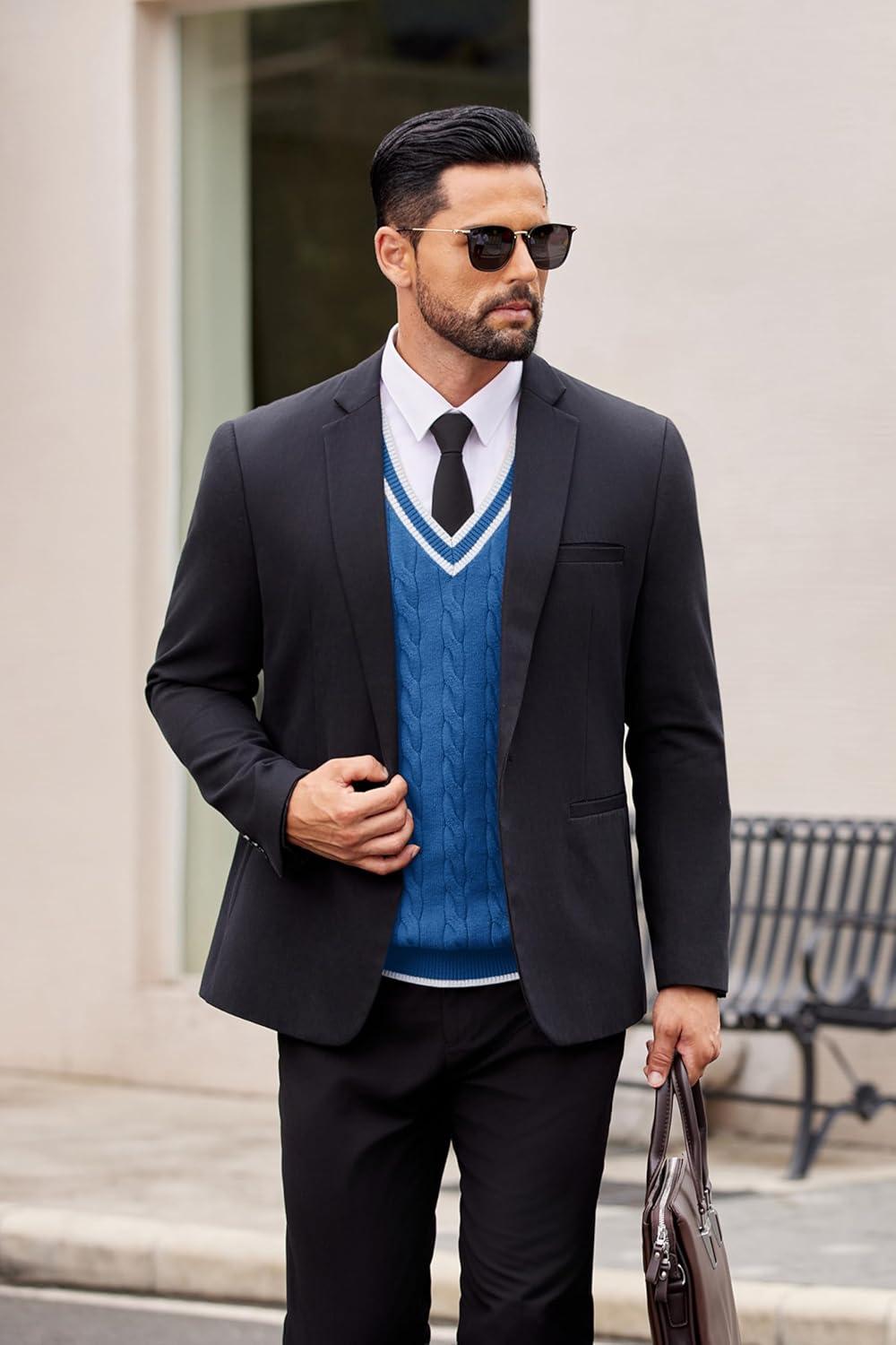 imageCOOFANDY Sweater Vest for Men Regular Fit V Neck Sleeveless Knitted Pullovers SweaterBlue
