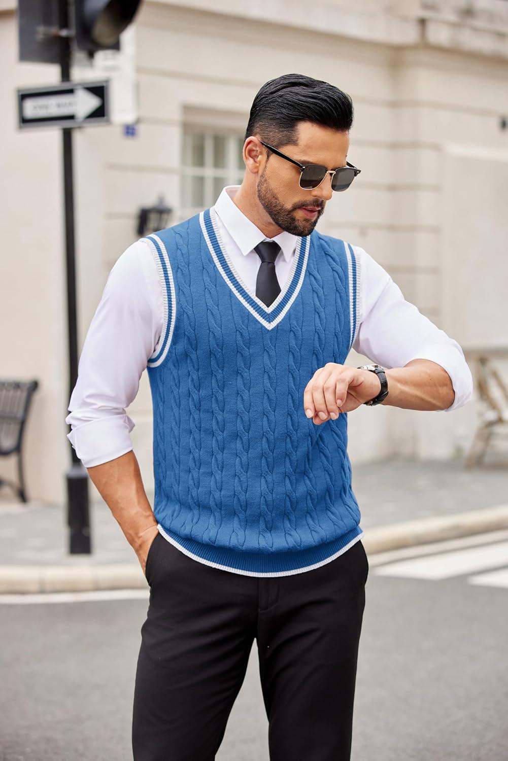 imageCOOFANDY Sweater Vest for Men Regular Fit V Neck Sleeveless Knitted Pullovers SweaterBlue