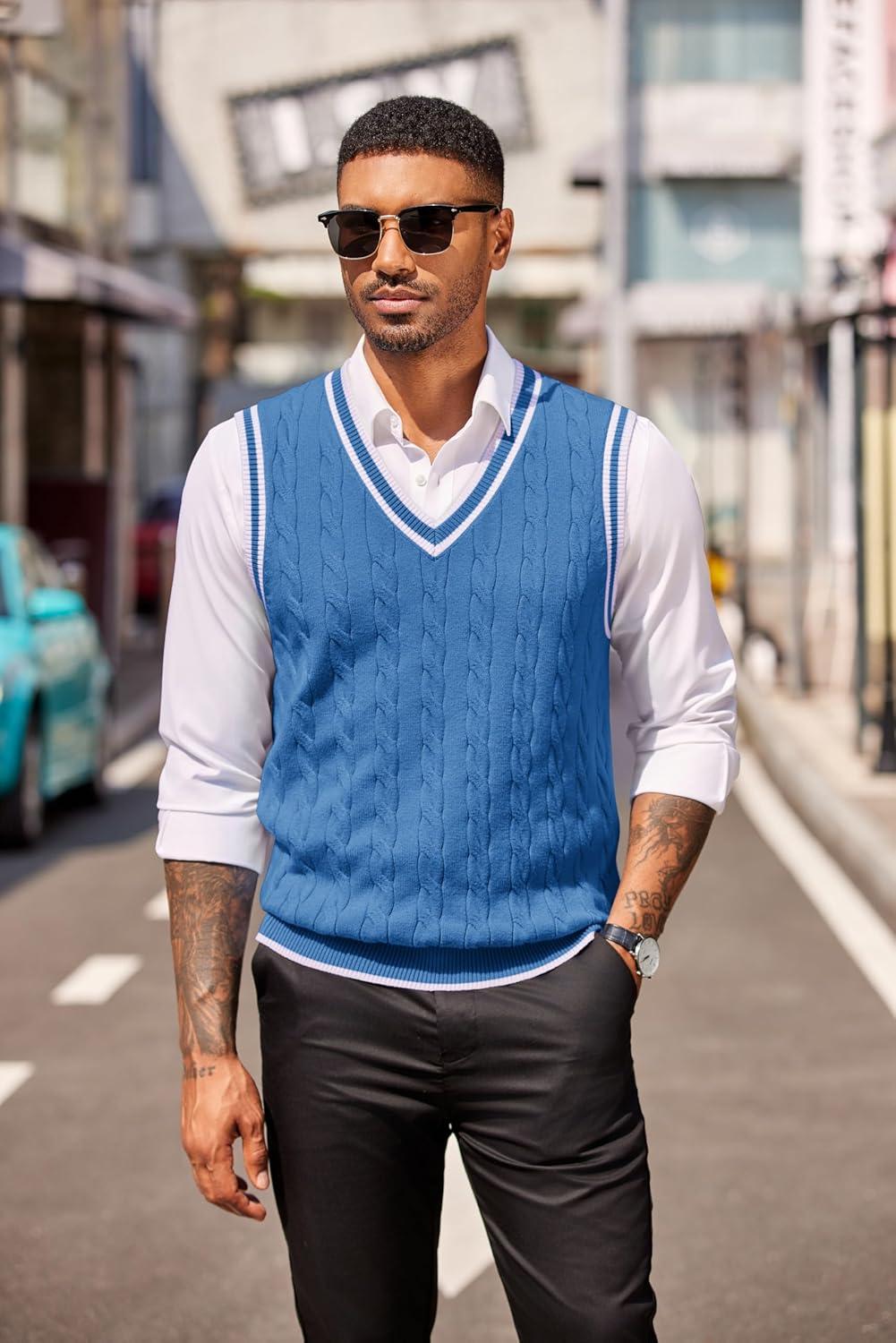 imageCOOFANDY Sweater Vest for Men Regular Fit V Neck Sleeveless Knitted Pullovers SweaterBlue