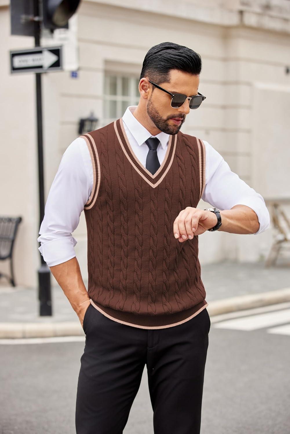 imageCOOFANDY Sweater Vest for Men Regular Fit V Neck Sleeveless Knitted Pullovers SweaterBrown