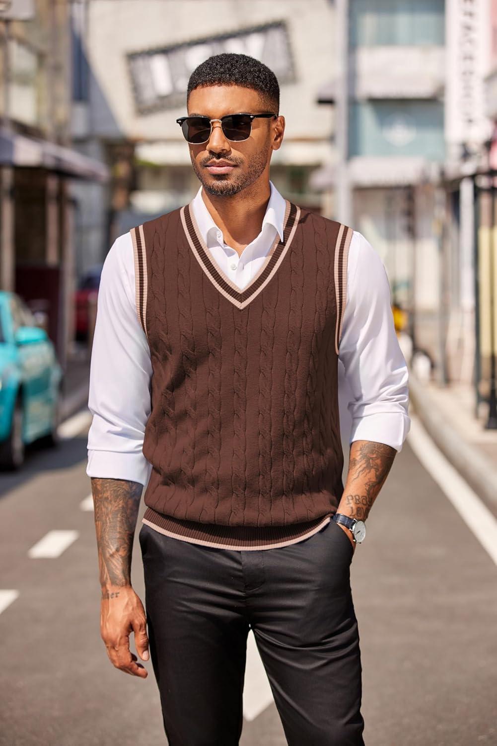 imageCOOFANDY Sweater Vest for Men Regular Fit V Neck Sleeveless Knitted Pullovers SweaterBrown