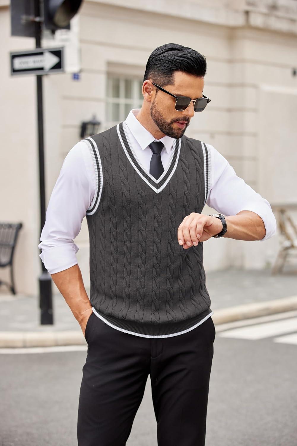 imageCOOFANDY Sweater Vest for Men Regular Fit V Neck Sleeveless Knitted Pullovers SweaterDark Grey