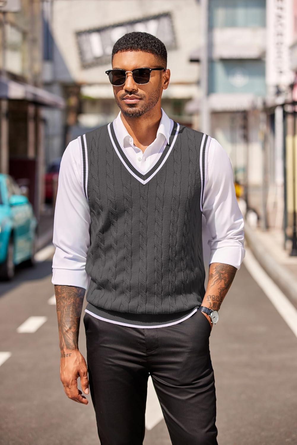 imageCOOFANDY Sweater Vest for Men Regular Fit V Neck Sleeveless Knitted Pullovers SweaterDark Grey