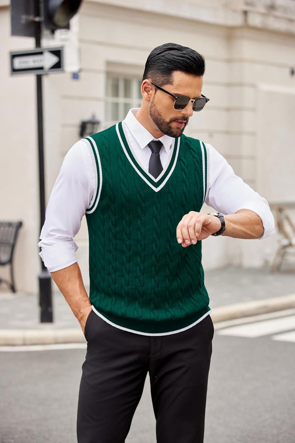 imageCOOFANDY Sweater Vest for Men Regular Fit V Neck Sleeveless Knitted Pullovers SweaterGreen