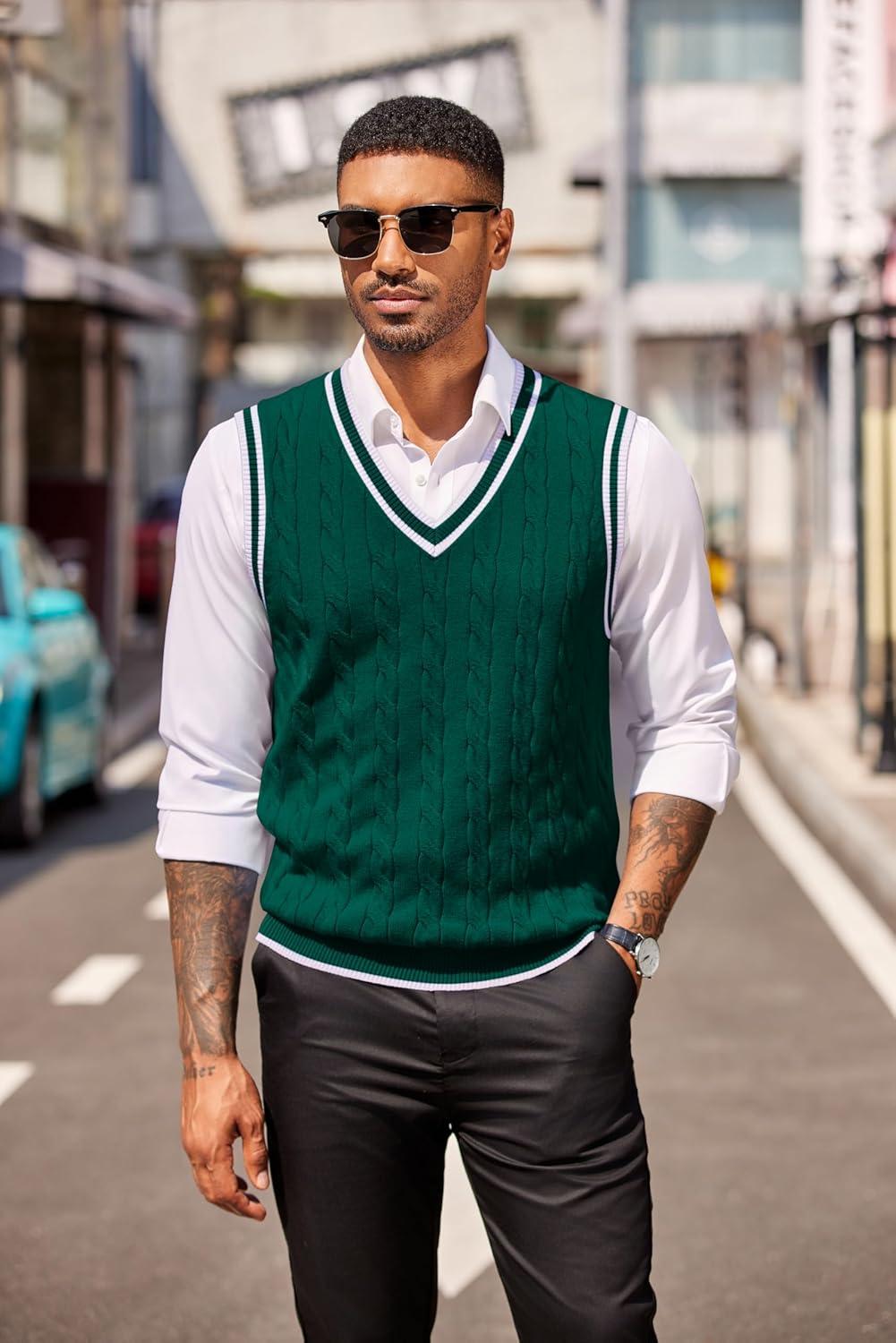 imageCOOFANDY Sweater Vest for Men Regular Fit V Neck Sleeveless Knitted Pullovers SweaterGreen