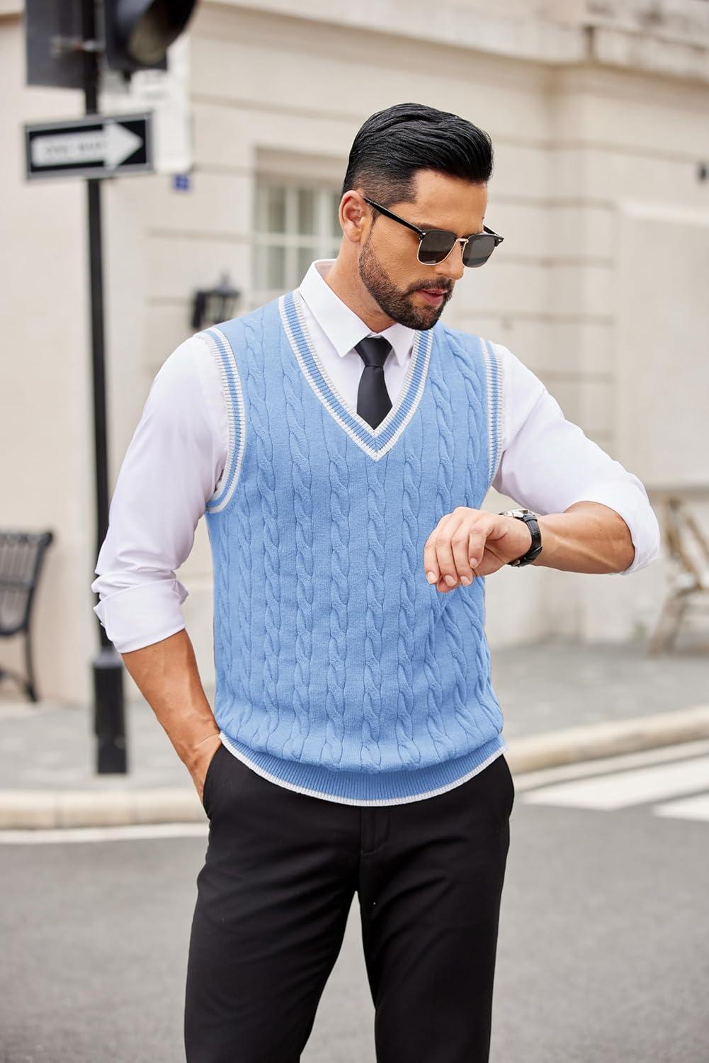 imageCOOFANDY Sweater Vest for Men Regular Fit V Neck Sleeveless Knitted Pullovers SweaterLight Blue
