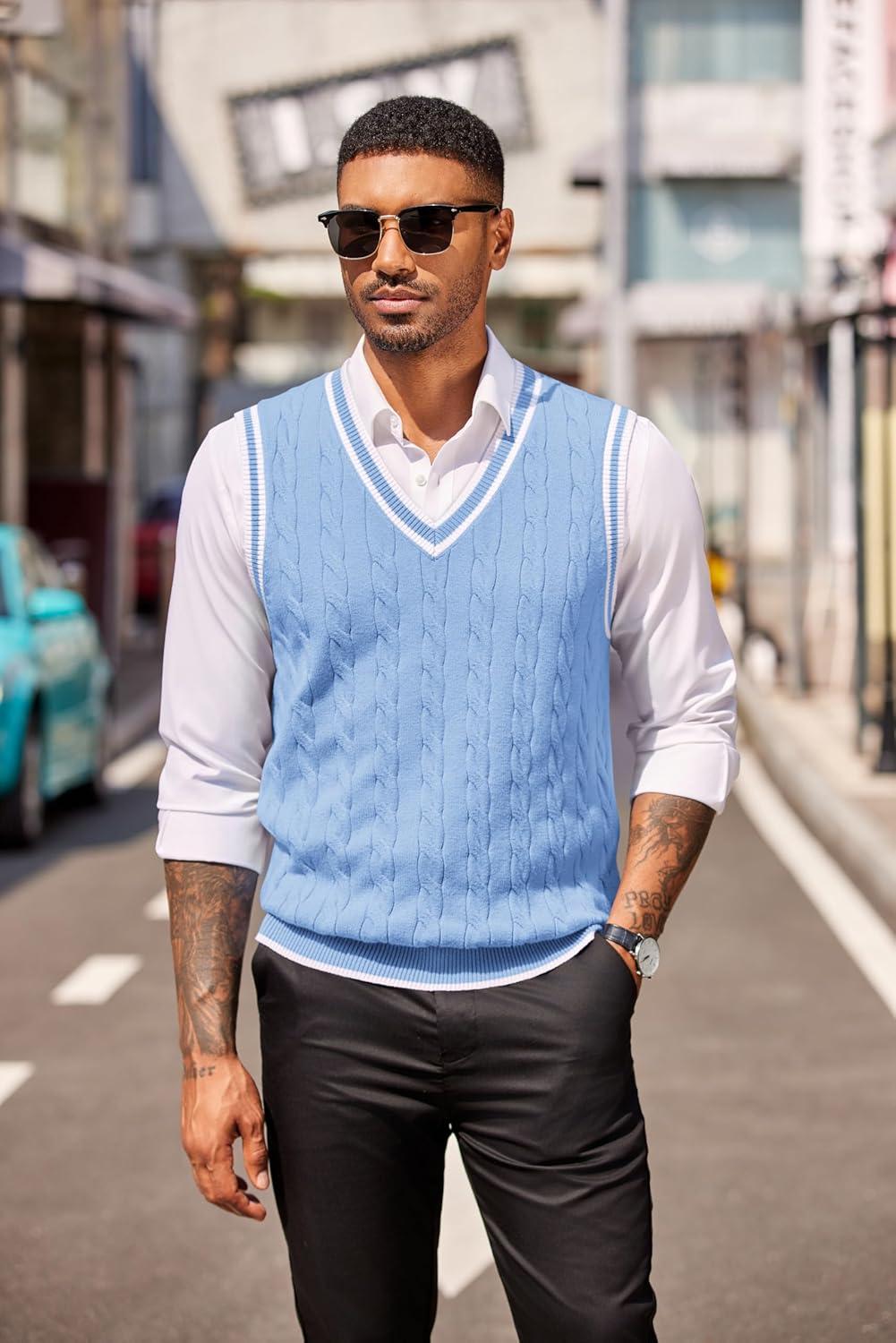 imageCOOFANDY Sweater Vest for Men Regular Fit V Neck Sleeveless Knitted Pullovers SweaterLight Blue
