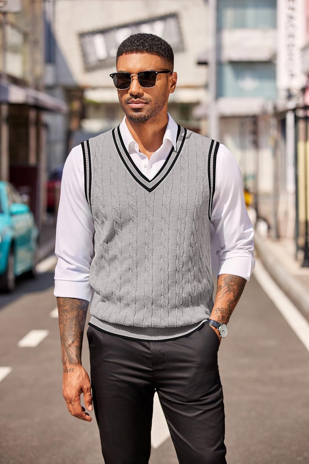 imageCOOFANDY Sweater Vest for Men Regular Fit V Neck Sleeveless Knitted Pullovers SweaterLight Grey