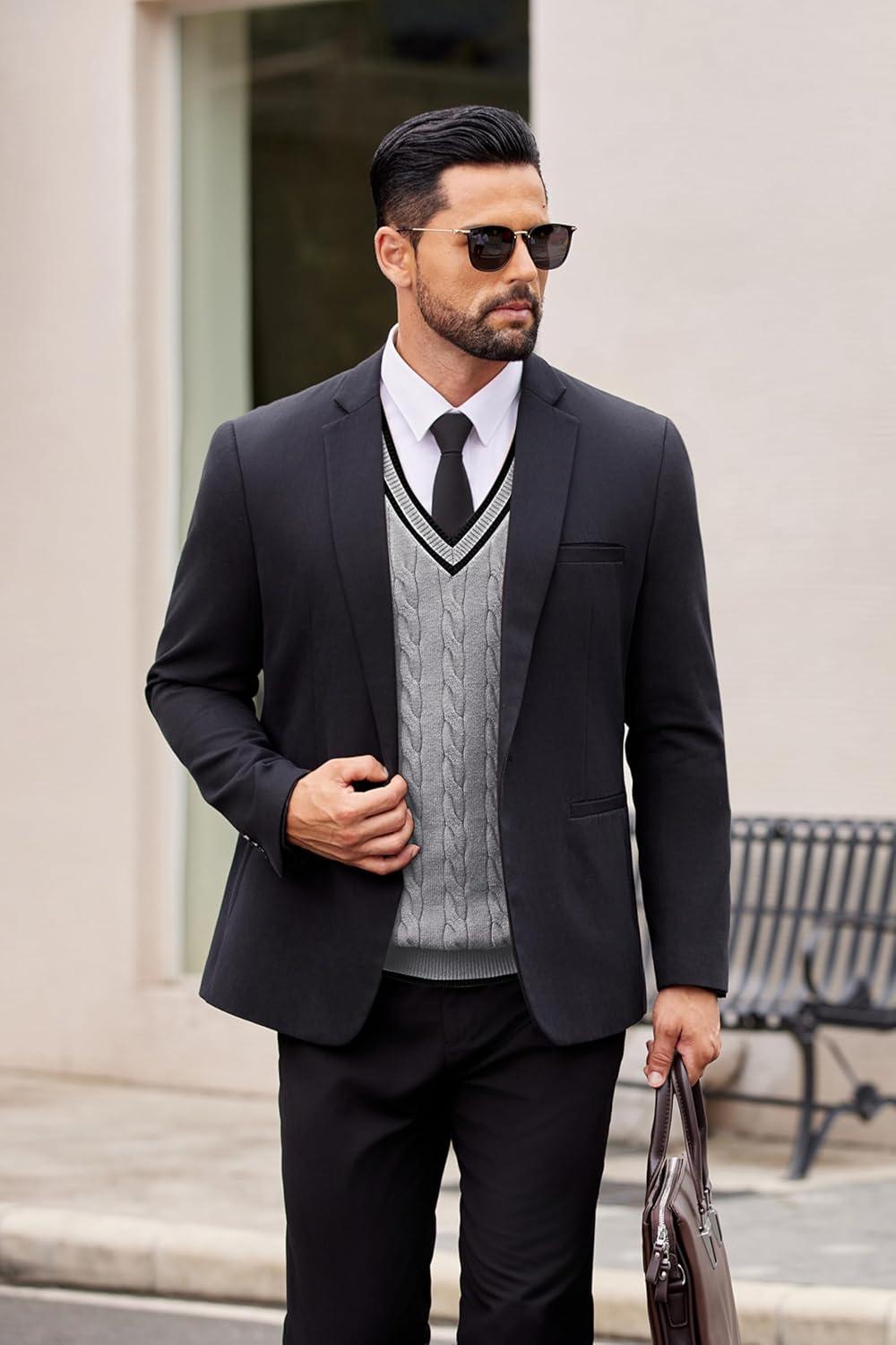 imageCOOFANDY Sweater Vest for Men Regular Fit V Neck Sleeveless Knitted Pullovers SweaterLight Grey