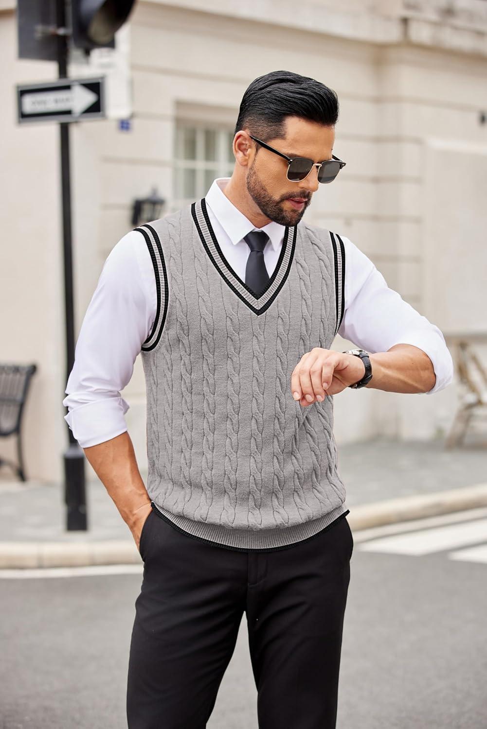 imageCOOFANDY Sweater Vest for Men Regular Fit V Neck Sleeveless Knitted Pullovers SweaterLight Grey