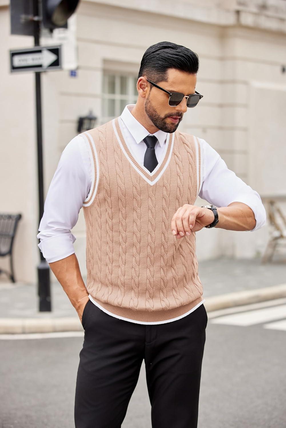 imageCOOFANDY Sweater Vest for Men Regular Fit V Neck Sleeveless Knitted Pullovers SweaterLight Khaki