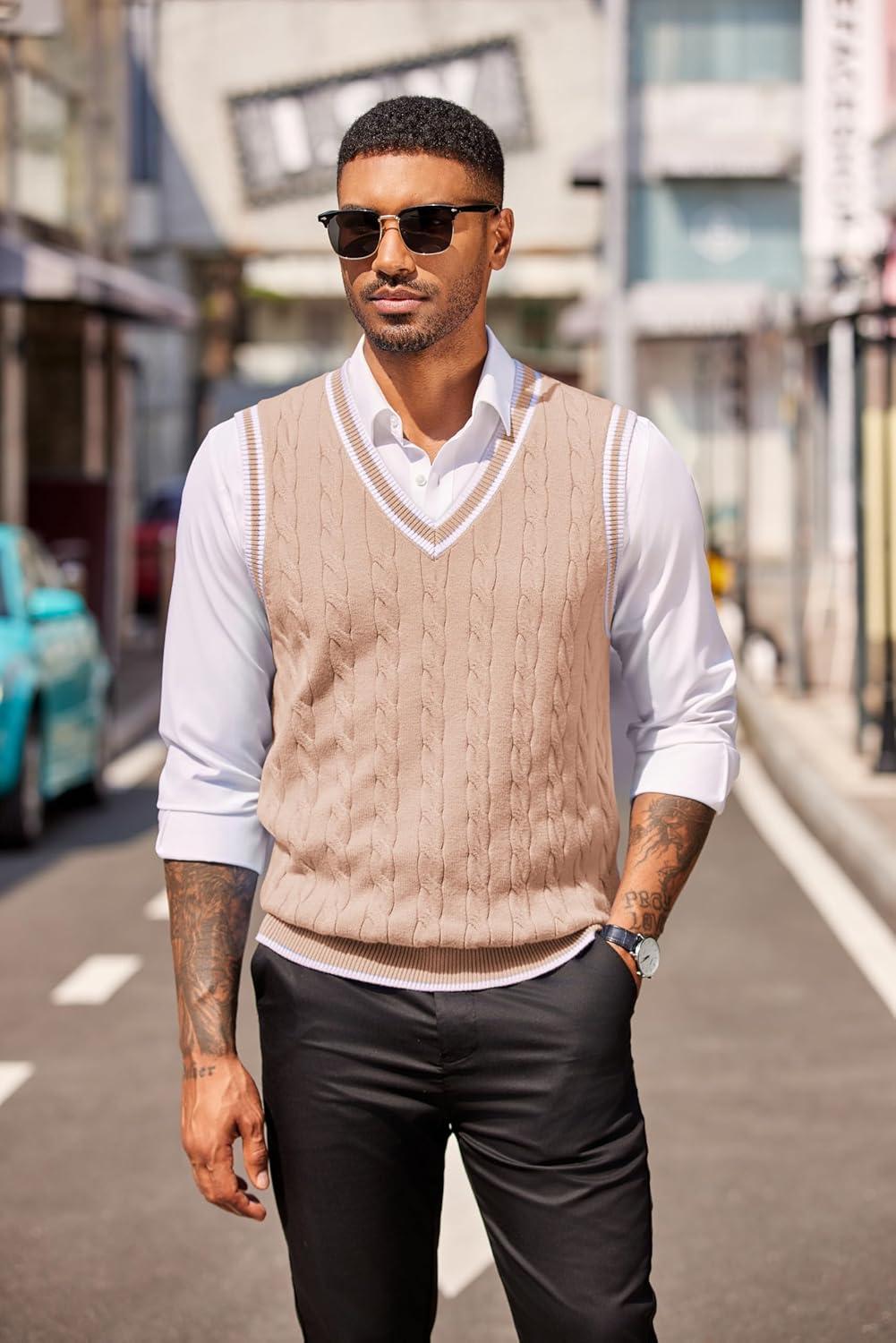 imageCOOFANDY Sweater Vest for Men Regular Fit V Neck Sleeveless Knitted Pullovers SweaterLight Khaki