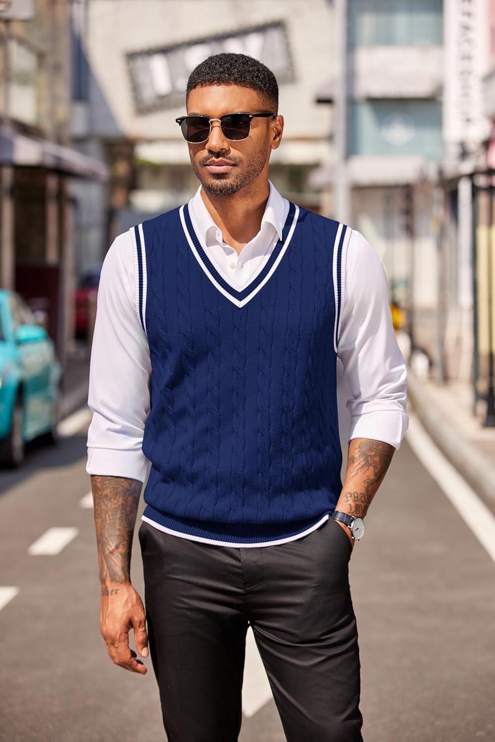 imageCOOFANDY Sweater Vest for Men Regular Fit V Neck Sleeveless Knitted Pullovers SweaterNavy Blue