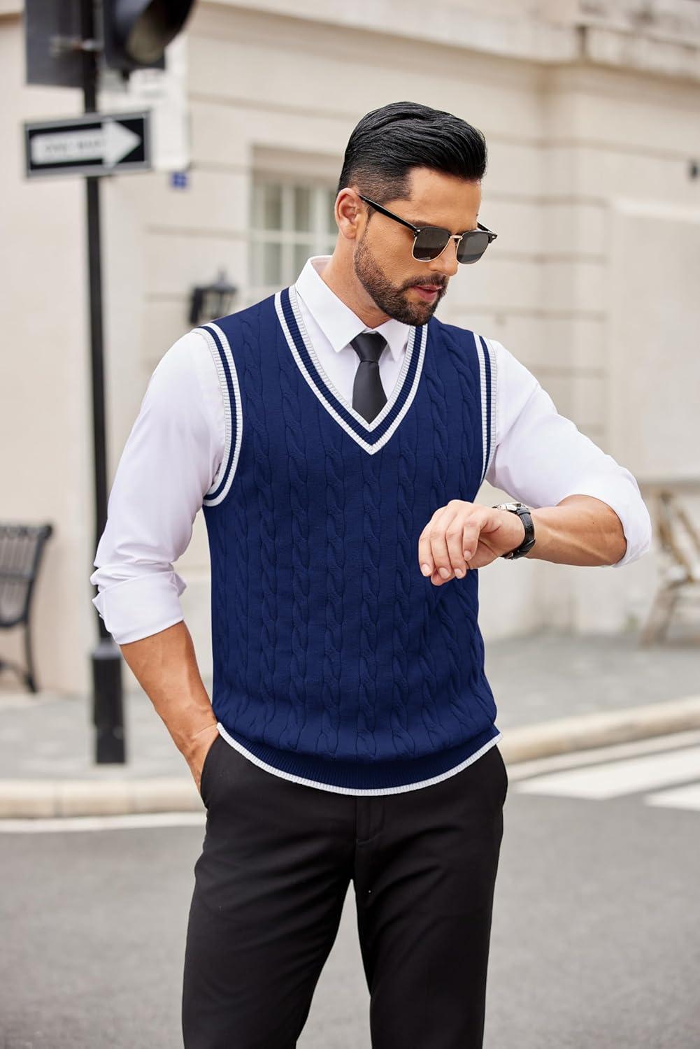 imageCOOFANDY Sweater Vest for Men Regular Fit V Neck Sleeveless Knitted Pullovers SweaterNavy Blue