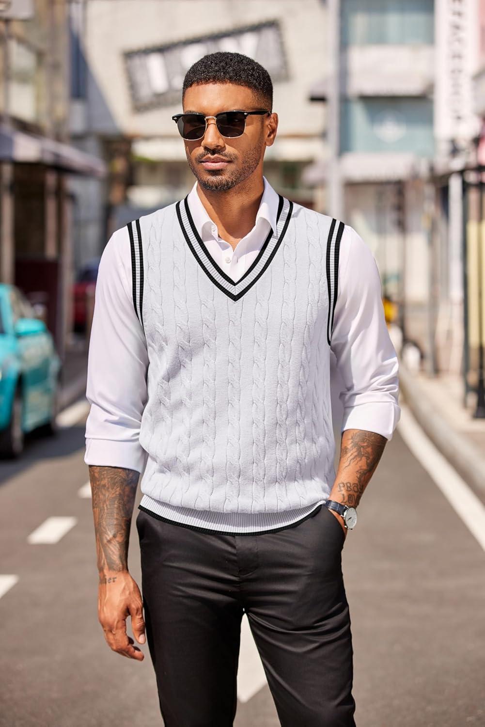 imageCOOFANDY Sweater Vest for Men Regular Fit V Neck Sleeveless Knitted Pullovers SweaterWhite