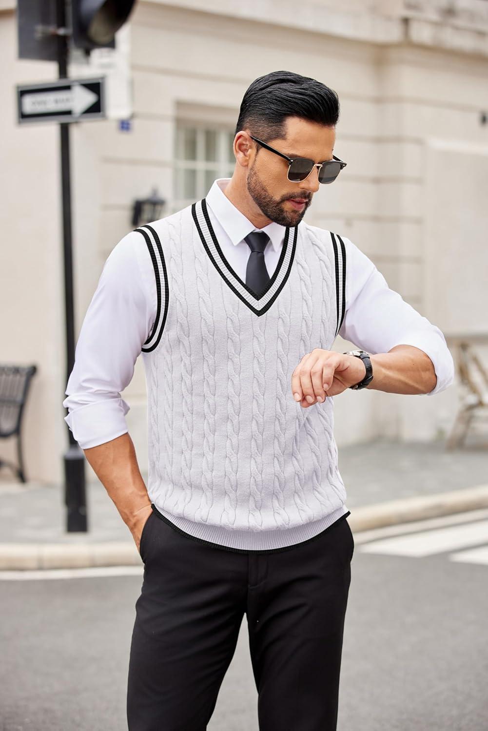imageCOOFANDY Sweater Vest for Men Regular Fit V Neck Sleeveless Knitted Pullovers SweaterWhite