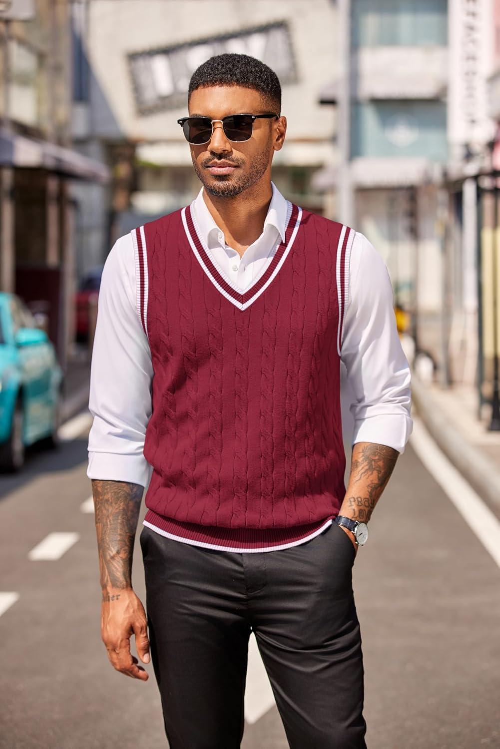 imageCOOFANDY Sweater Vest for Men Regular Fit V Neck Sleeveless Knitted Pullovers SweaterWine Red