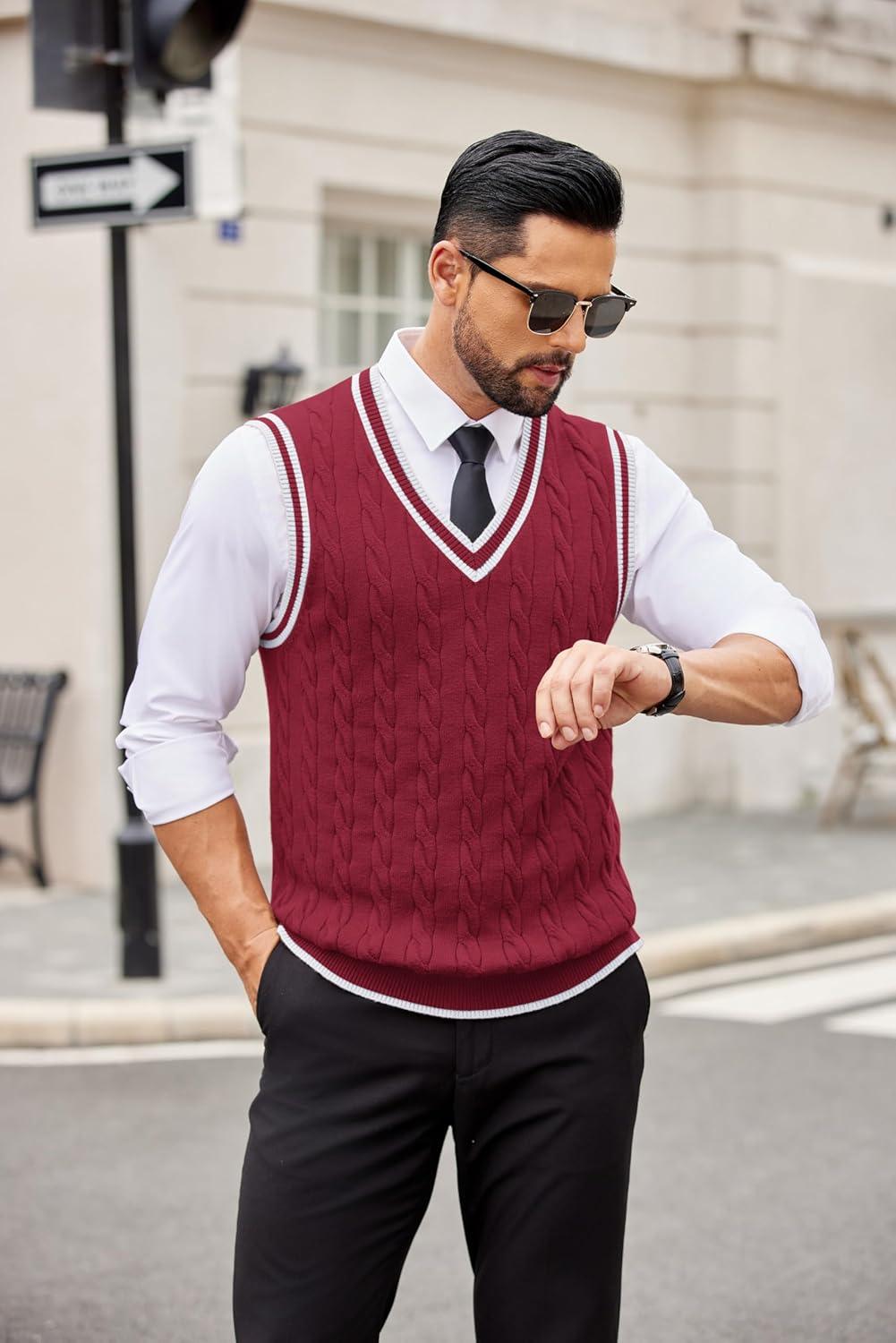 imageCOOFANDY Sweater Vest for Men Regular Fit V Neck Sleeveless Knitted Pullovers SweaterWine Red
