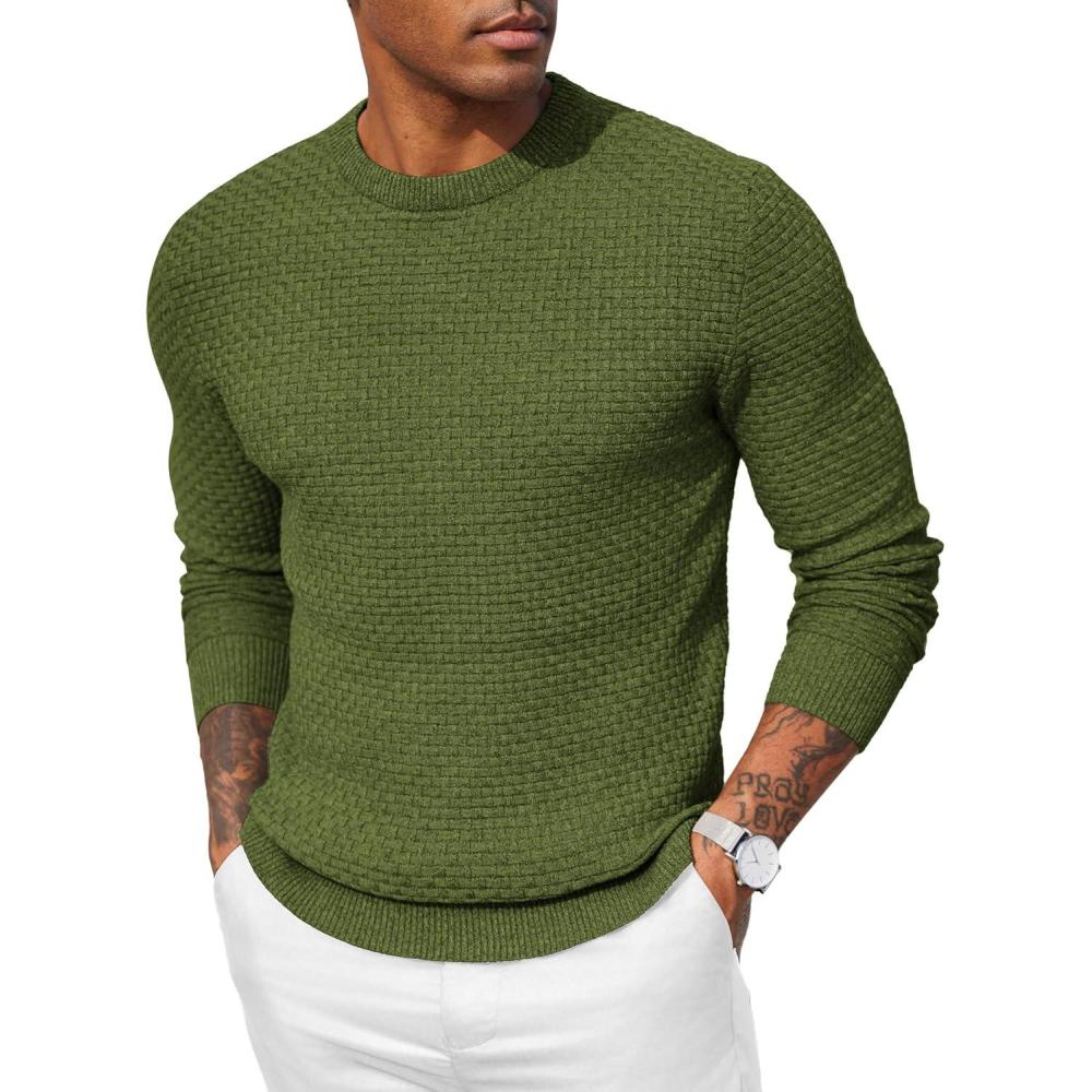 imageCOOFANDY Men Dress Crewneck Sweater Pullover Knit Long Sleeve Casual Slim Fit SweaterSeaweed Green