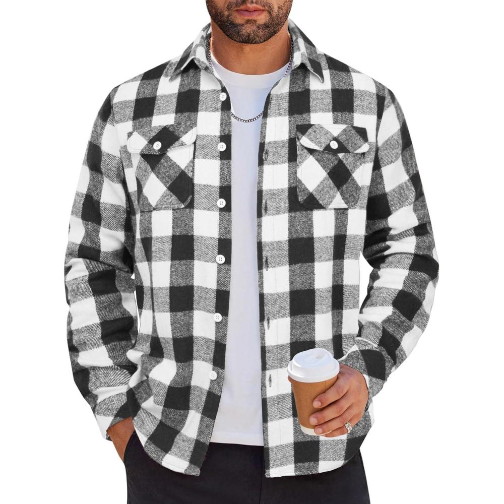 imageCOOFANDY Men Flannel Shirt Casual Button Down Shirt Jacket Long Sleeve Plaid Shirts with PocketsClassic Black