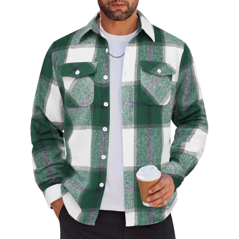 imageCOOFANDY Men Flannel Shirt Casual Button Down Shirt Jacket Long Sleeve Plaid Shirts with PocketsGreen