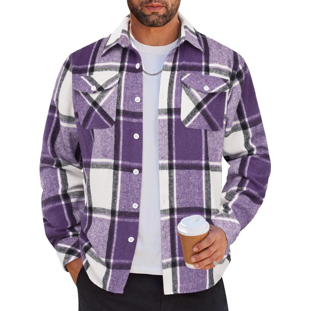 imageCOOFANDY Men Flannel Shirt Casual Button Down Shirt Jacket Long Sleeve Plaid Shirts with PocketsPurple